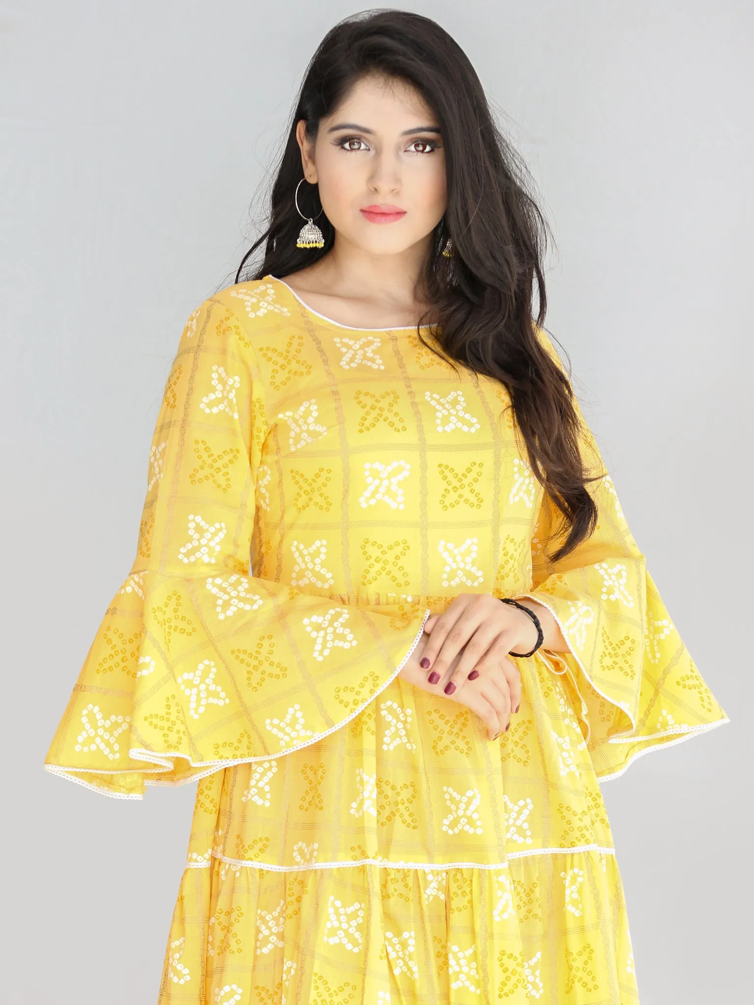 Maira - Yellow Bandhani Printed Tier Long Dress With Lace Insert - D407F2204