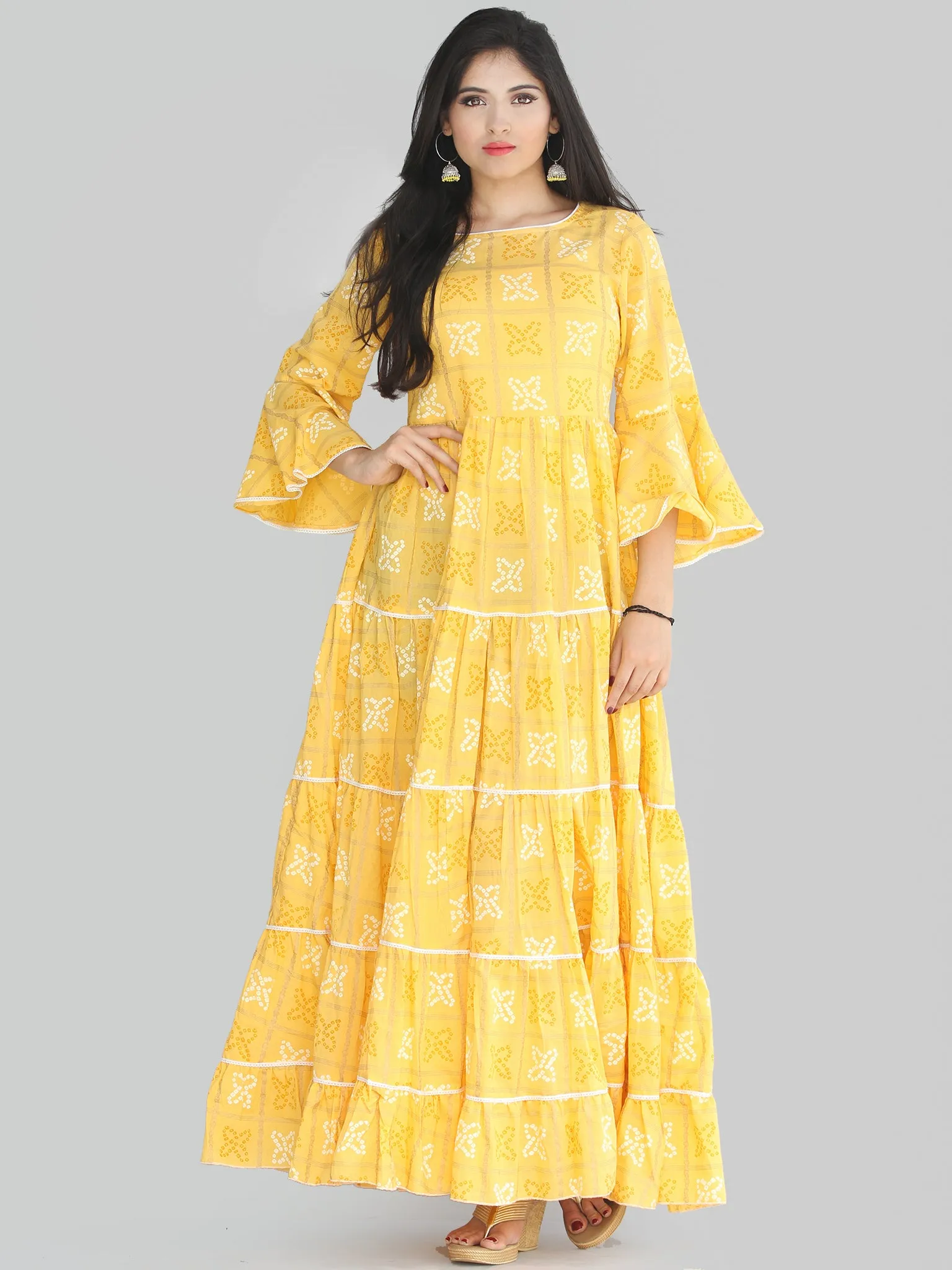 Maira - Yellow Bandhani Printed Tier Long Dress With Lace Insert - D407F2204