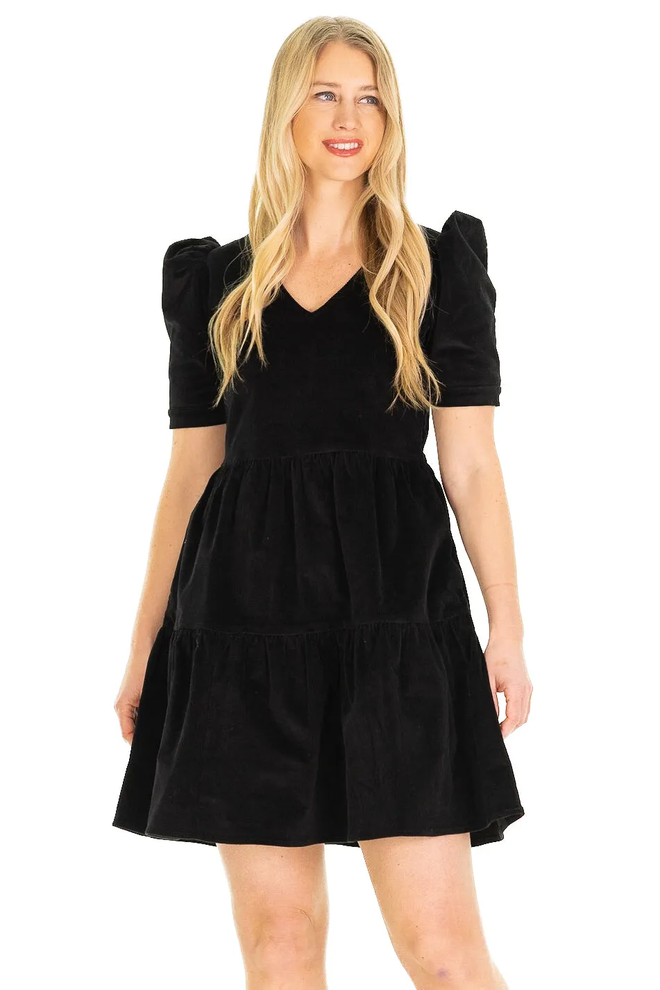 Marcie Tiered Dress in Black Corduroy