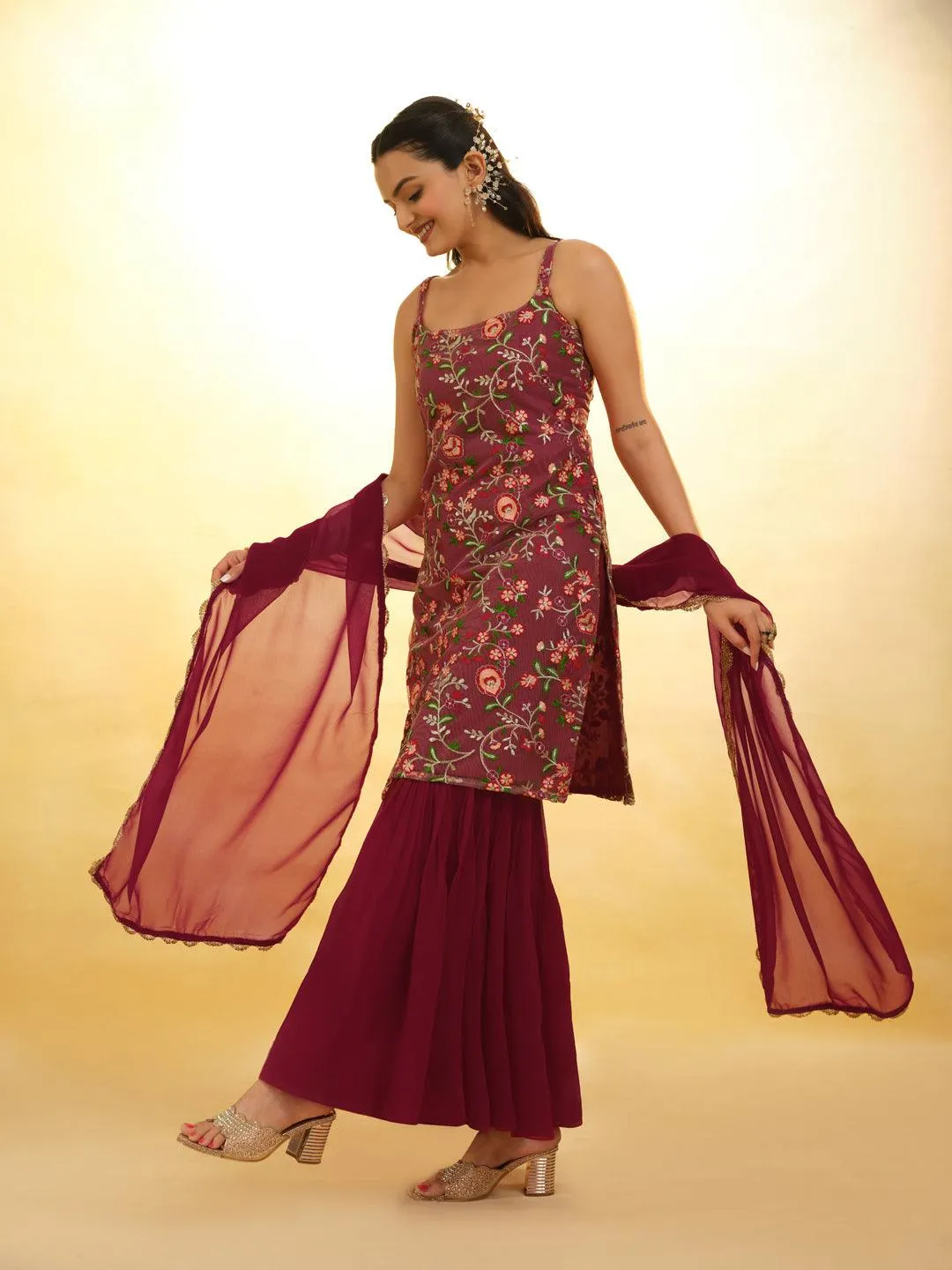 Maroon Embroidered Net Sharara Suit with dupatta