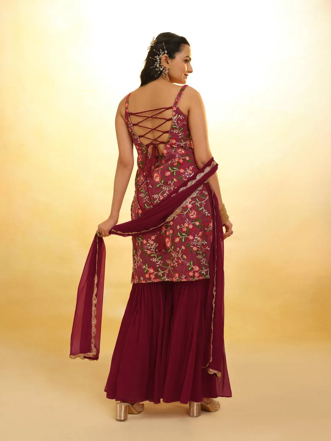 Maroon Embroidered Net Sharara Suit with dupatta