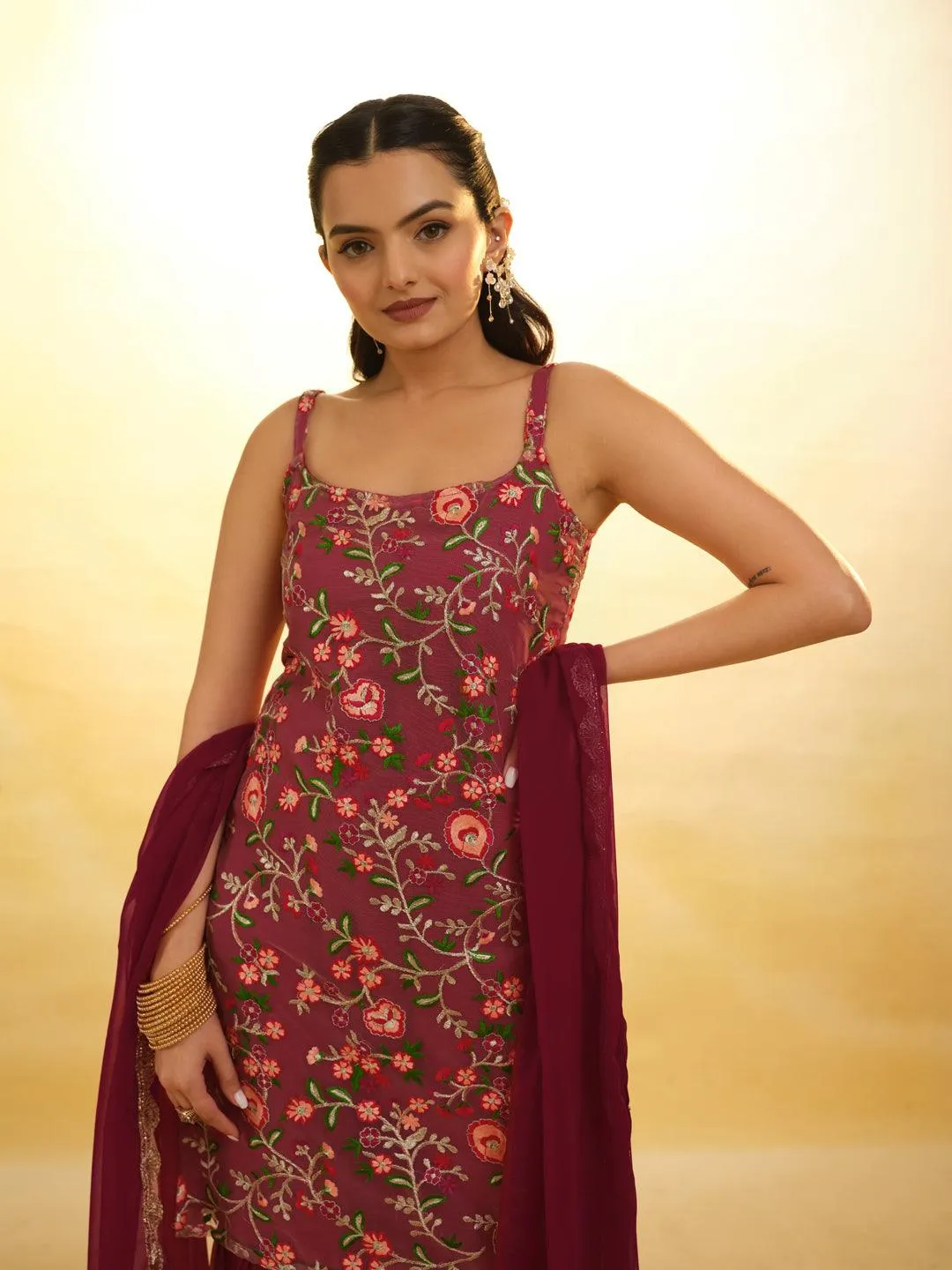 Maroon Embroidered Net Sharara Suit with dupatta