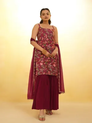 Maroon Embroidered Net Sharara Suit with dupatta