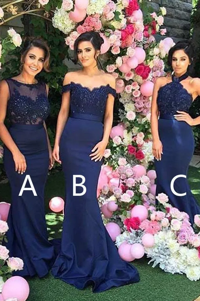 Mermaid Navy Blue Bridesmaid Dresses Styles Styles Appliques Beading PB157