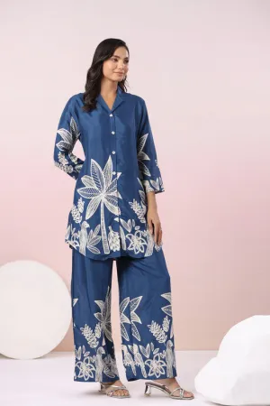 Midnight Palm Serenade Navy Blue Russian Silk Co-ord Set