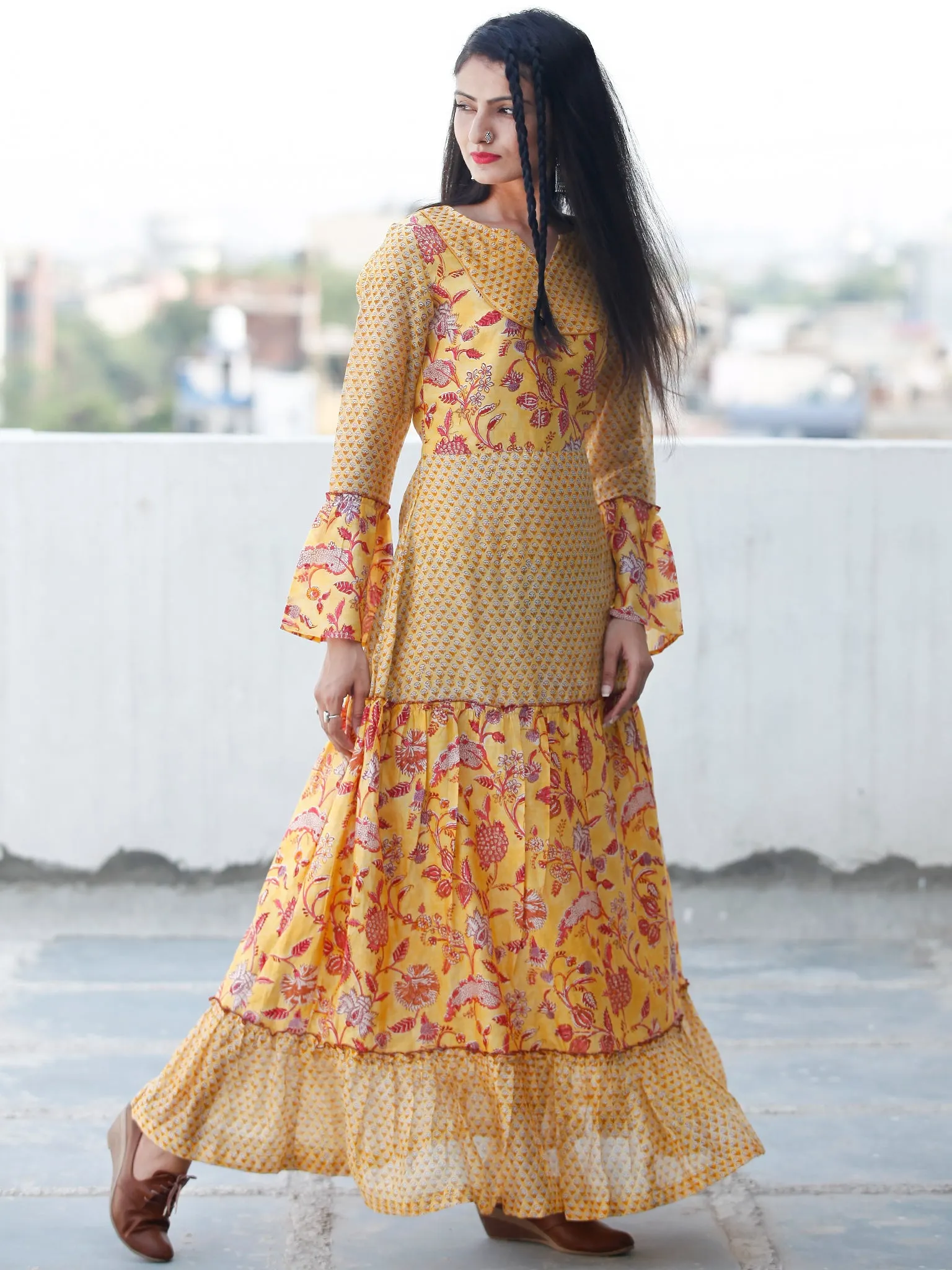 Minimalistic Moods  -  Hand Block Printed Long Chanderi Silk Dress  - D356F1914