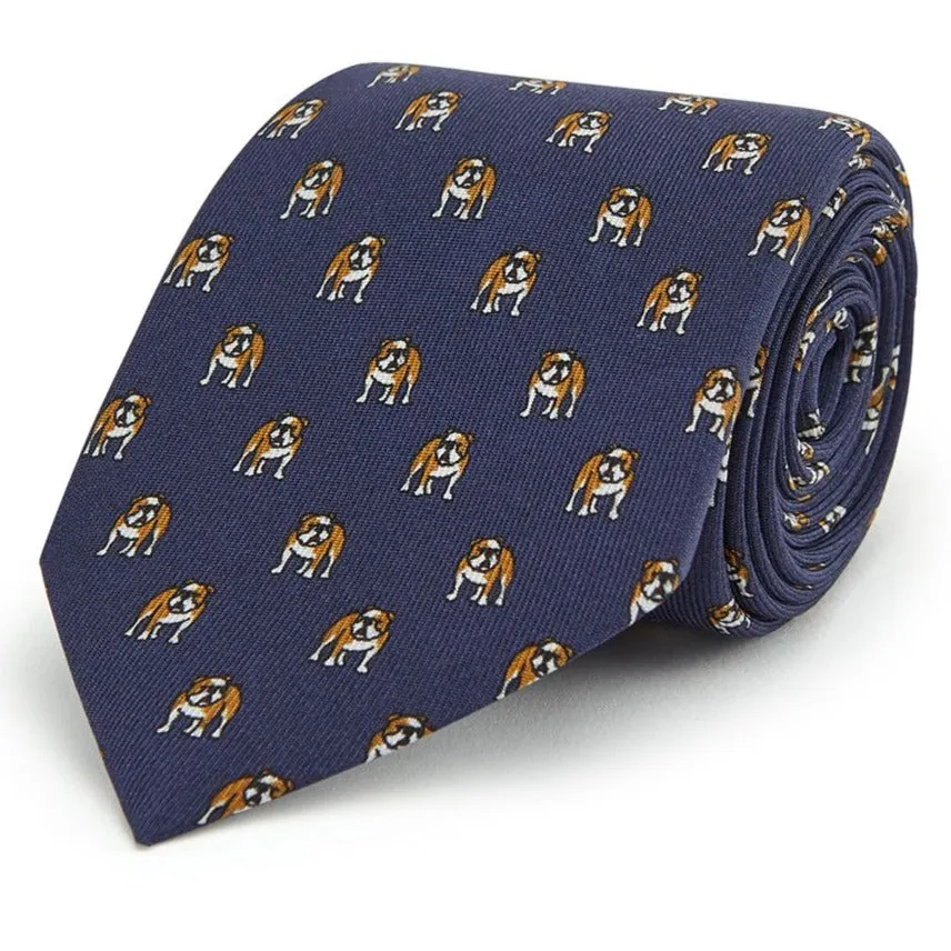 Navy Bull Dog Printed Silk Tie