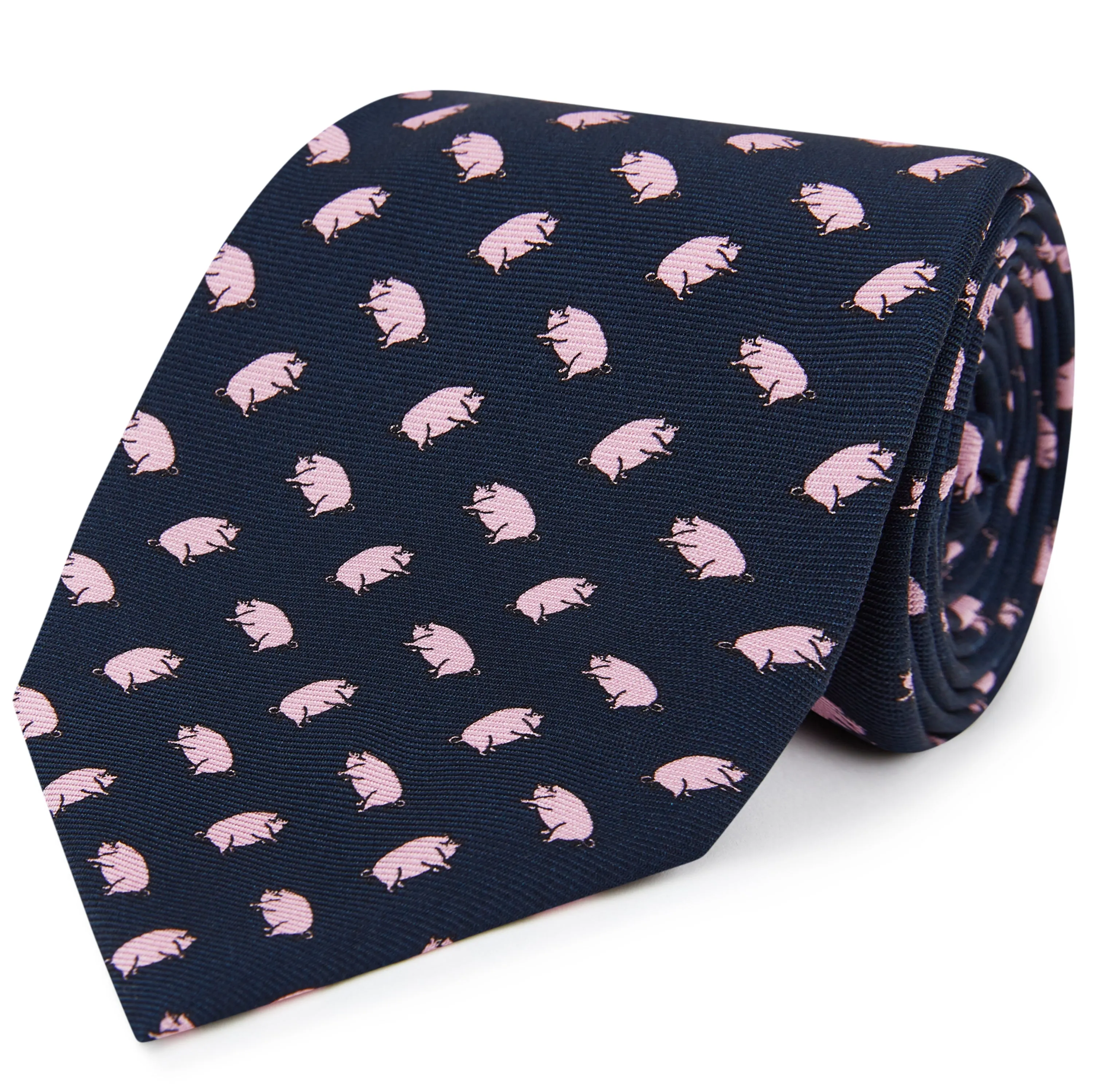 Navy Pink Micro Pig Motif Printed Silk Tie