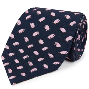 Navy Pink Micro Pig Motif Printed Silk Tie