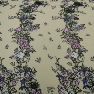 Nude Tulle with Black Purple and Pink Floral and Birds Embroidery Fabric