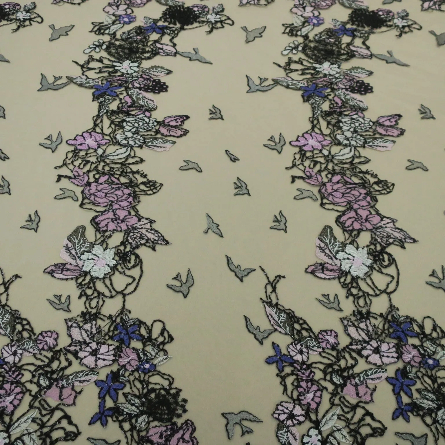 Nude Tulle with Black Purple and Pink Floral and Birds Embroidery Fabric