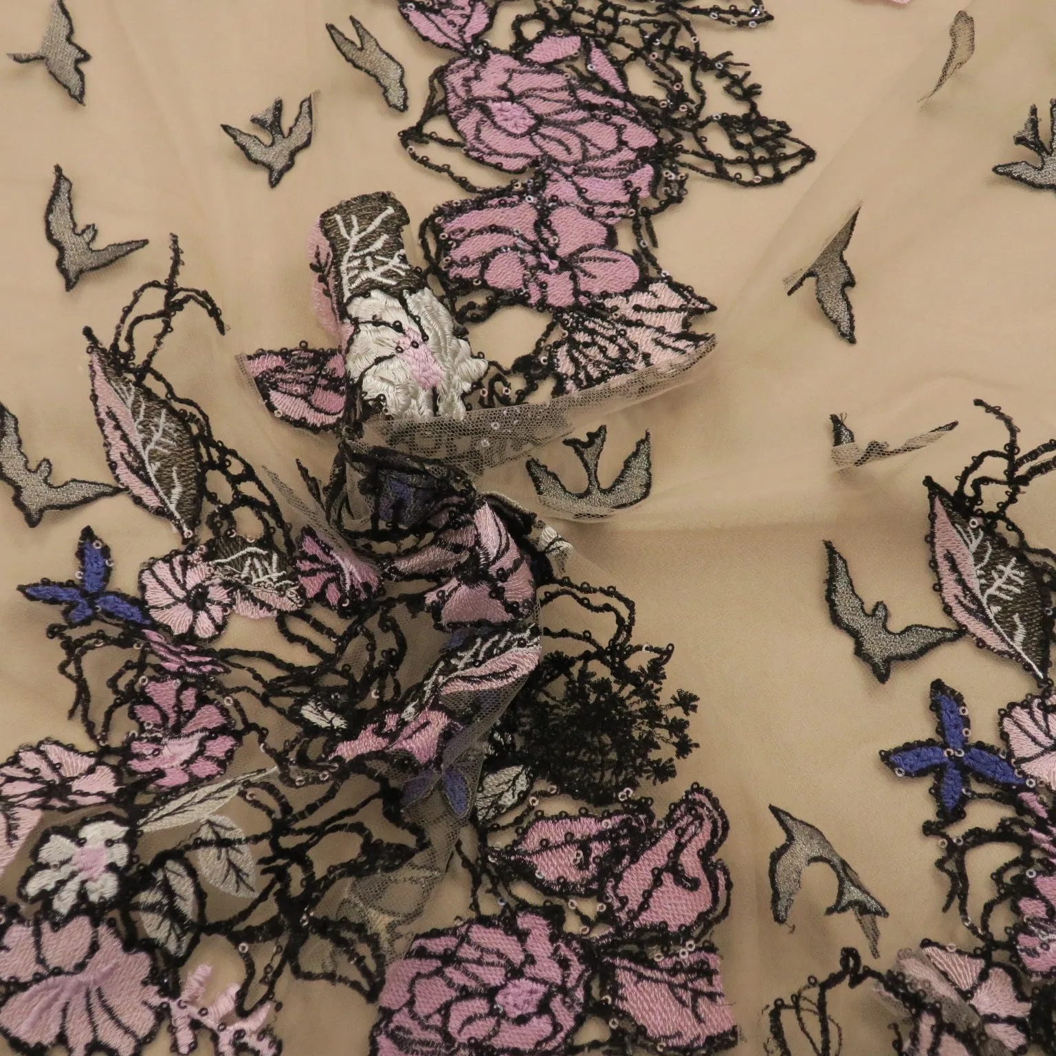 Nude Tulle with Black Purple and Pink Floral and Birds Embroidery Fabric