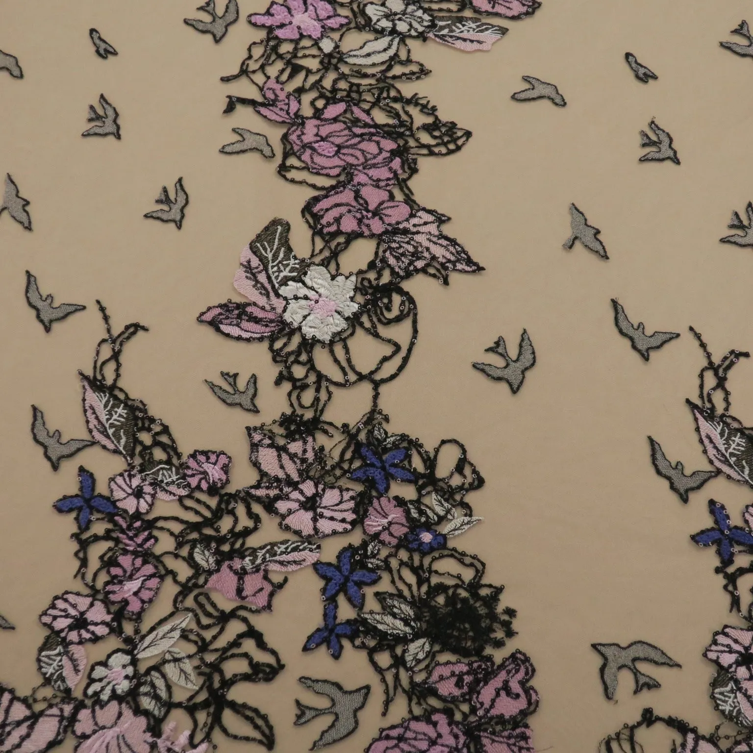 Nude Tulle with Black Purple and Pink Floral and Birds Embroidery Fabric