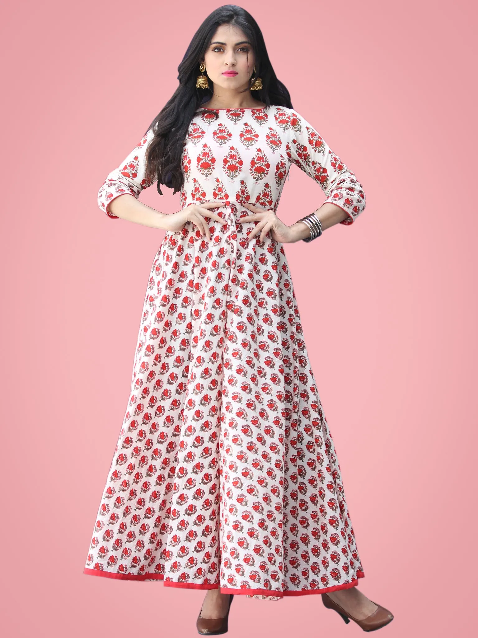 Nusrat - Ivory Red Green Block Printed Urave Cut Long Dress With Tie Up Deep Back - D404F2016