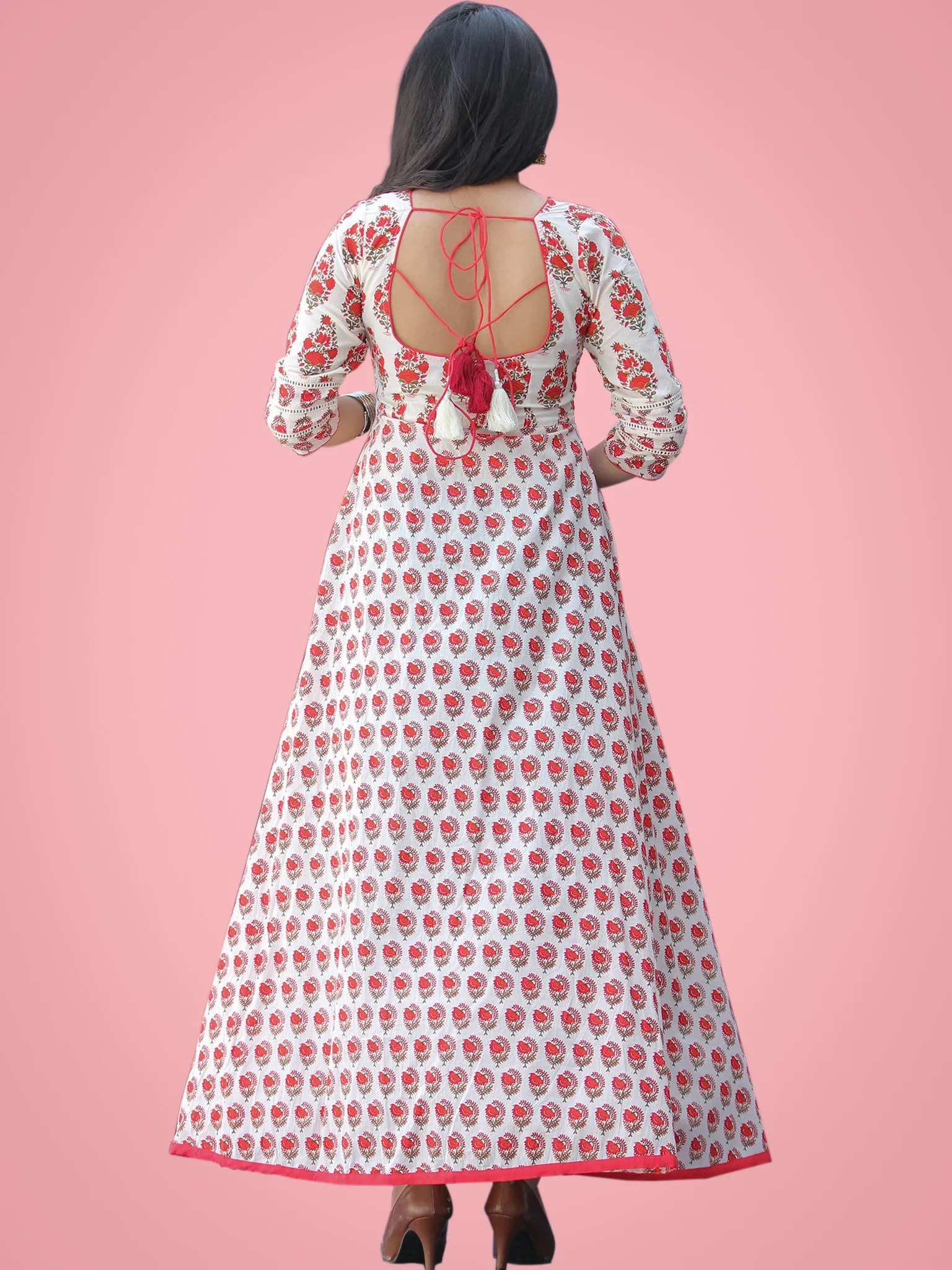 Nusrat - Ivory Red Green Block Printed Urave Cut Long Dress With Tie Up Deep Back - D404F2016