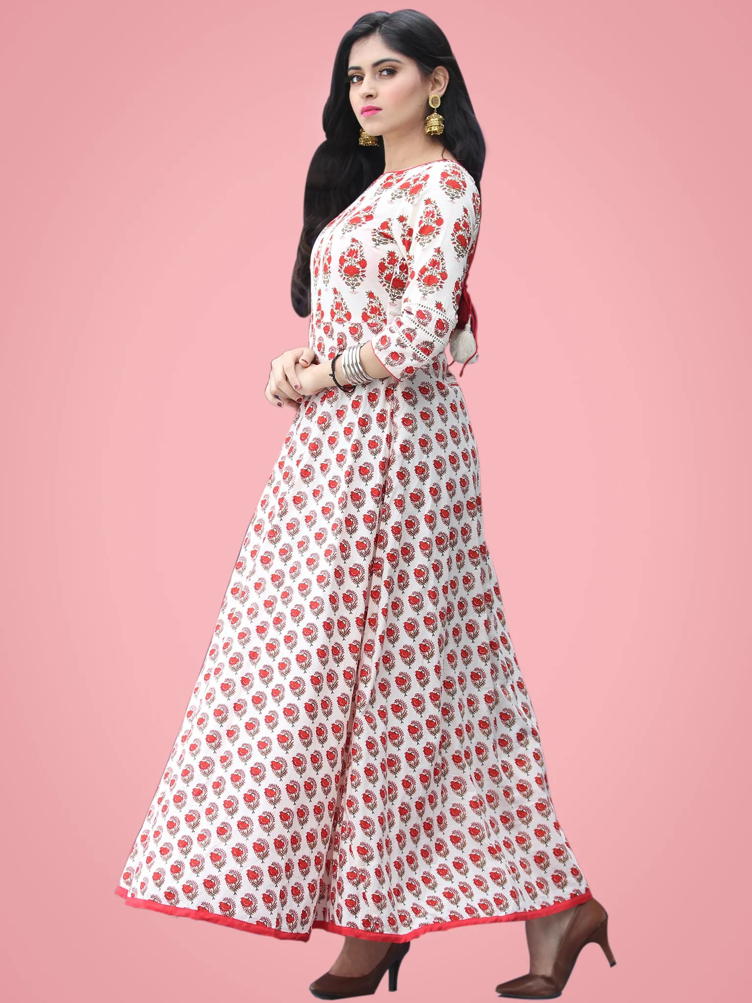 Nusrat - Ivory Red Green Block Printed Urave Cut Long Dress With Tie Up Deep Back - D404F2016