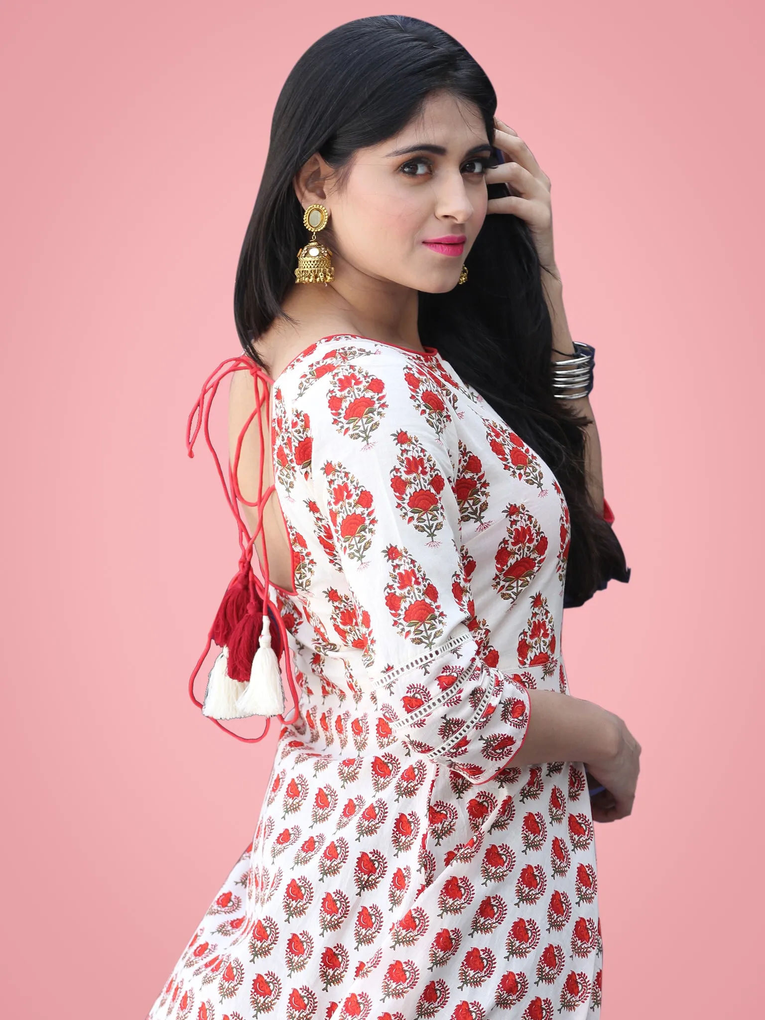 Nusrat - Ivory Red Green Block Printed Urave Cut Long Dress With Tie Up Deep Back - D404F2016