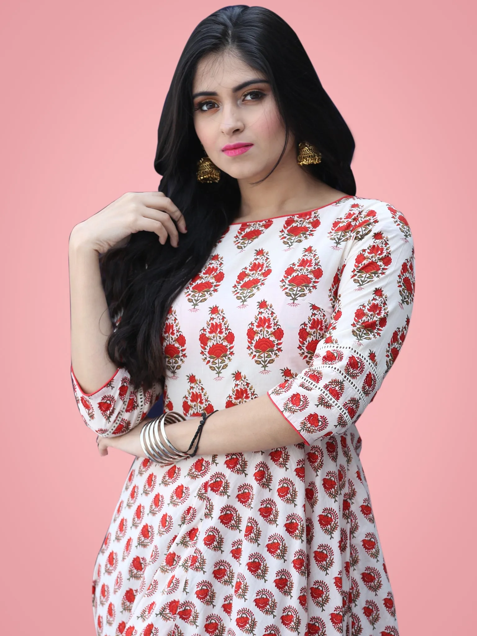 Nusrat - Ivory Red Green Block Printed Urave Cut Long Dress With Tie Up Deep Back - D404F2016