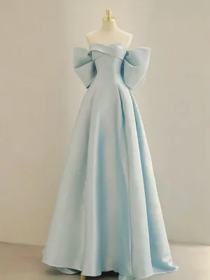 Off the Shoulder Blue Satin Long Prom Dresses, Off Shoulder Blue Long Formal Evening Dresses