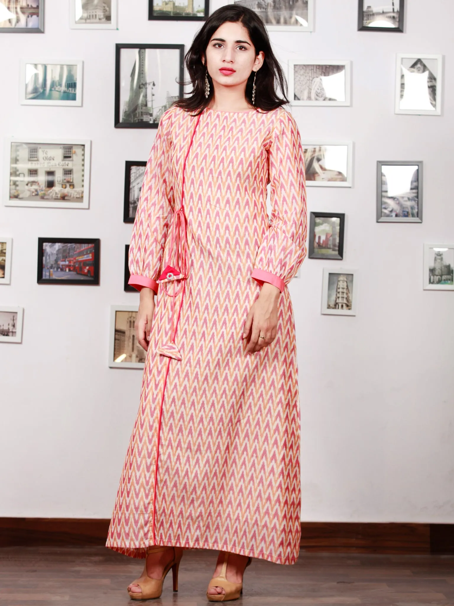 Off White Mustard Wine Pink Handloom Mercerised Ikat Long Cotton Dress With Side Pockets & Tassels - D300F1567