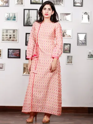 Off White Mustard Wine Pink Handloom Mercerised Ikat Long Cotton Dress With Side Pockets & Tassels - D300F1567