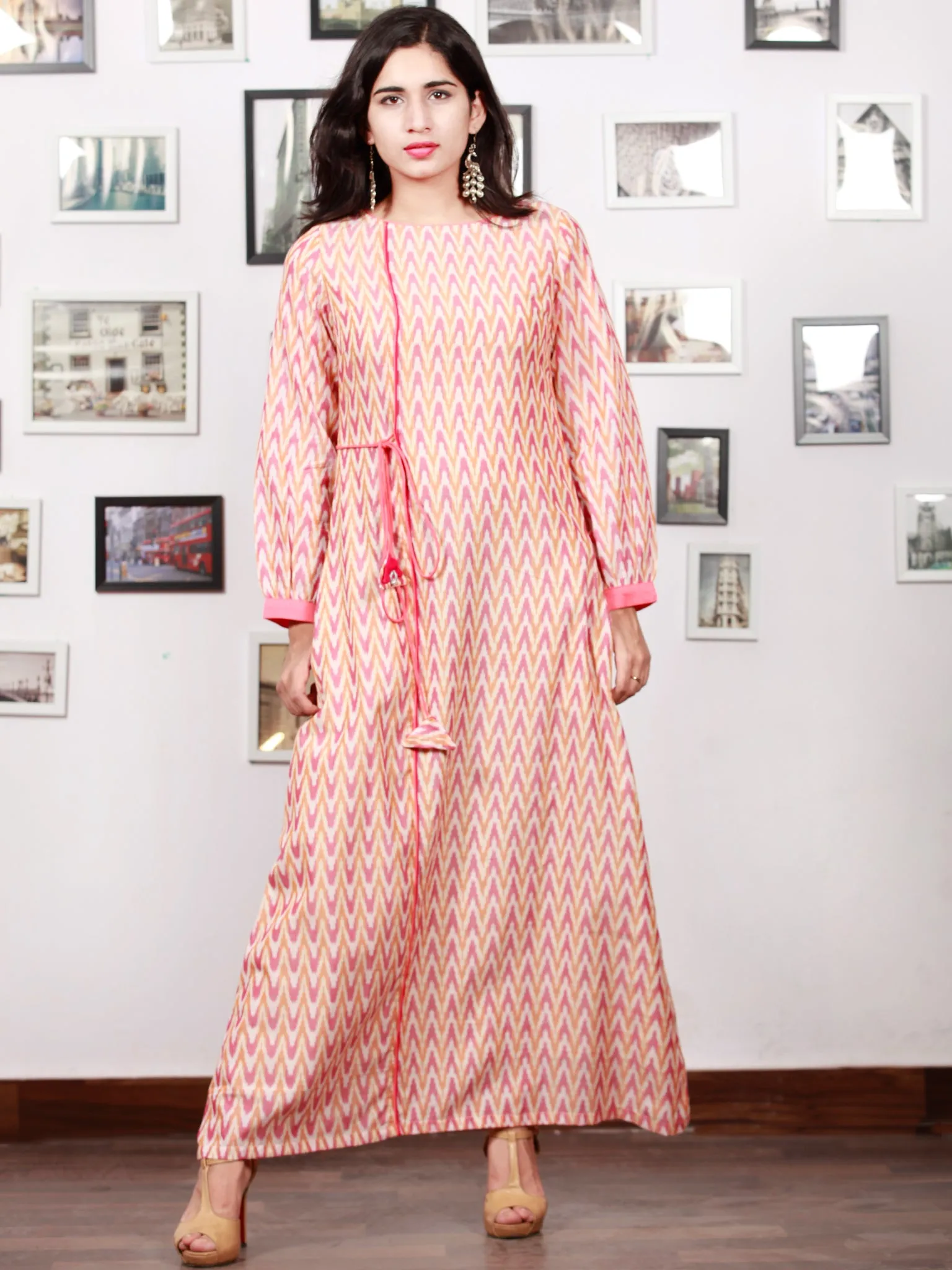 Off White Mustard Wine Pink Handloom Mercerised Ikat Long Cotton Dress With Side Pockets & Tassels - D300F1567