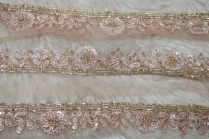 Peach Floral Sequins and Beads Handwork Embroidered Border