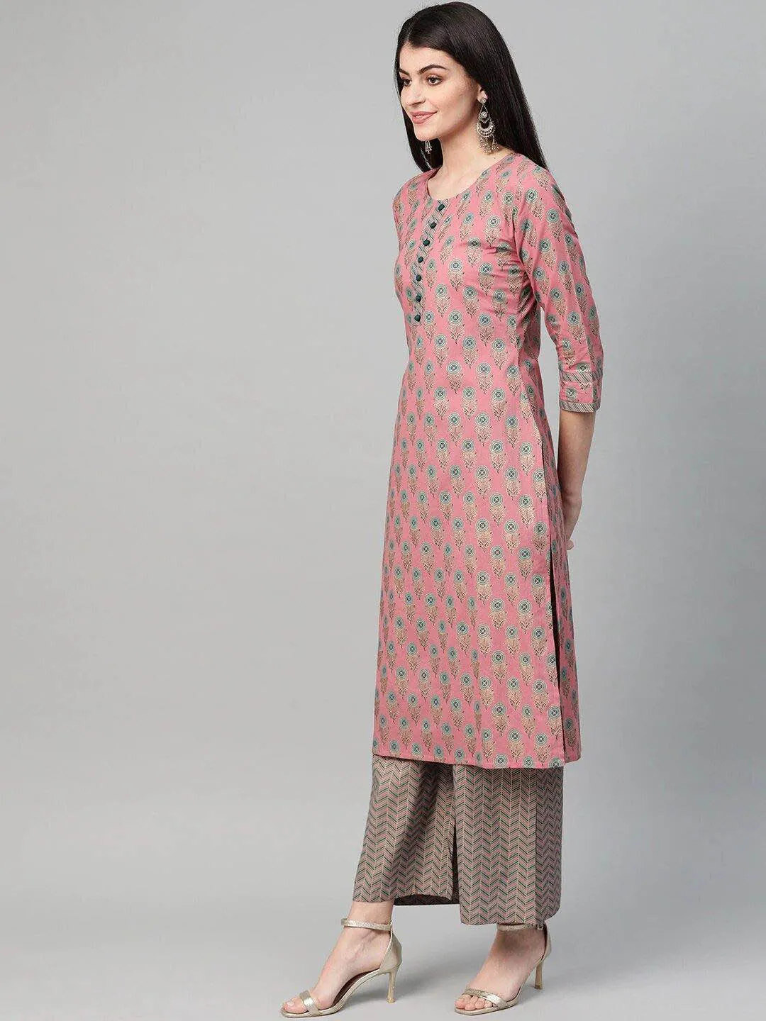Pink & Blue Printed Kurta Palazzos & Dupatta