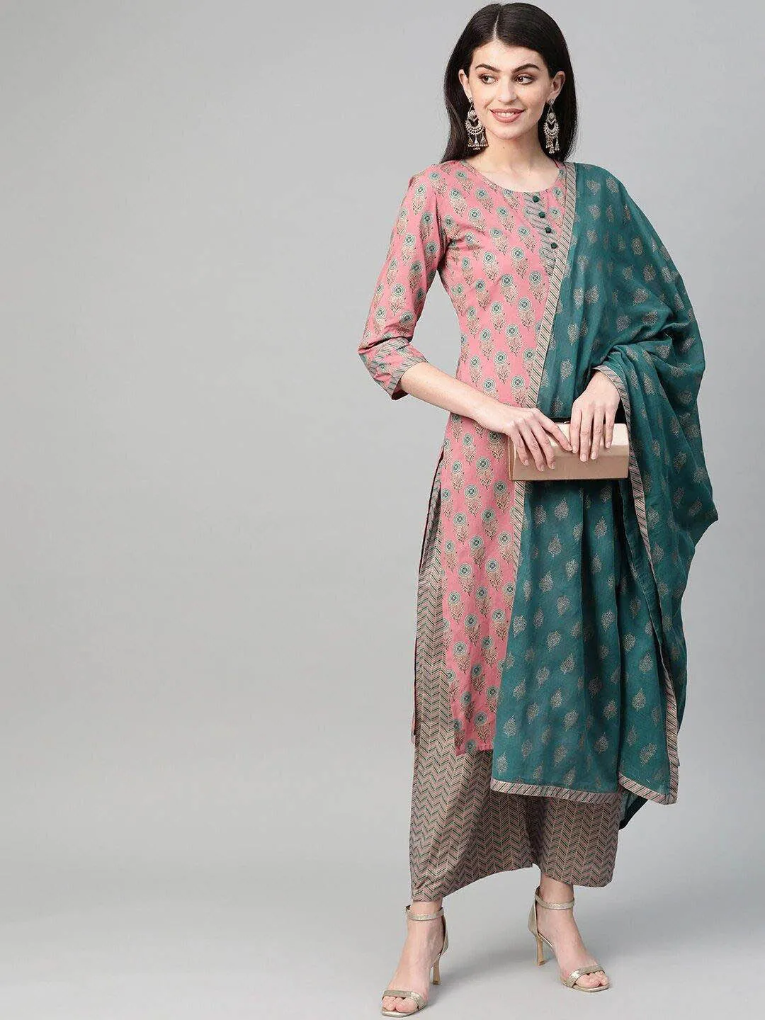 Pink & Blue Printed Kurta Palazzos & Dupatta