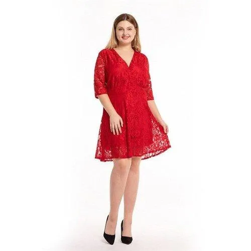 Plus Size Red V-Neck High Waist Lace Patchwork Mini Dress