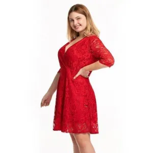 Plus Size Red V-Neck High Waist Lace Patchwork Mini Dress