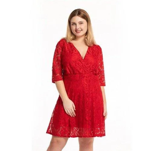 Plus Size Red V-Neck High Waist Lace Patchwork Mini Dress