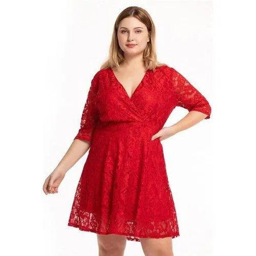 Plus Size Red V-Neck High Waist Lace Patchwork Mini Dress