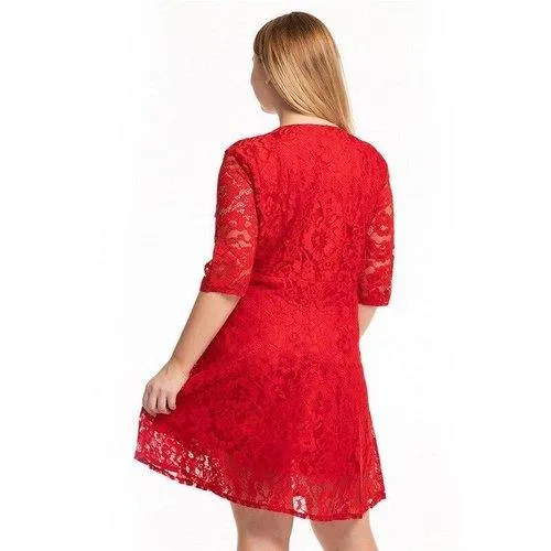 Plus Size Red V-Neck High Waist Lace Patchwork Mini Dress