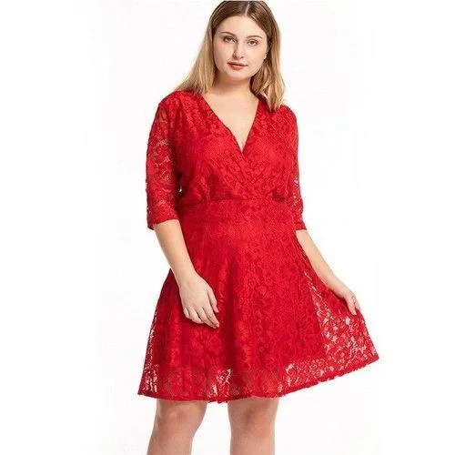 Plus Size Red V-Neck High Waist Lace Patchwork Mini Dress