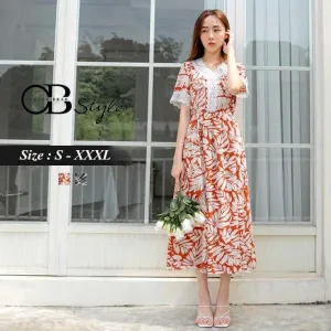 PRINTED LACE V-NECK DRESS
