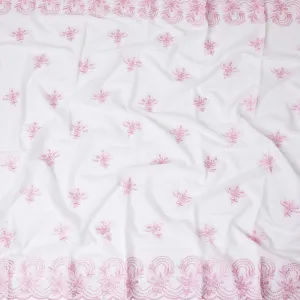 Pure White Cotton Voile with Pink Embroidery for Sudanese Thobe - 140cm x 4.5 Mtrs piece-D18590