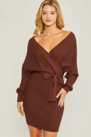 Red Off Shoulder Wrap Belted Ribbed Knit Dress