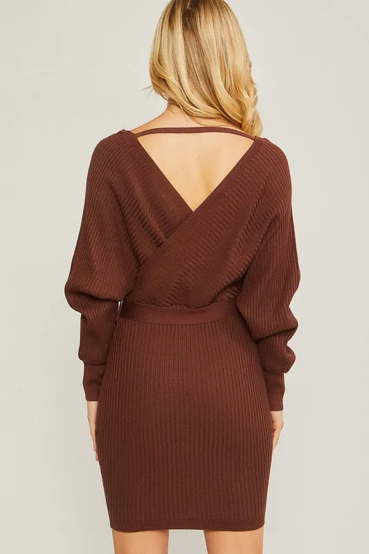Red Off Shoulder Wrap Belted Ribbed Knit Dress