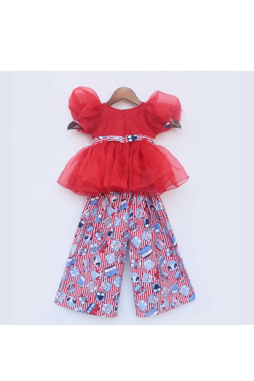 Red Organza Bow Detailing Top With Printed Palazzo Set