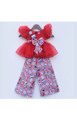 Red Organza Bow Detailing Top With Printed Palazzo Set