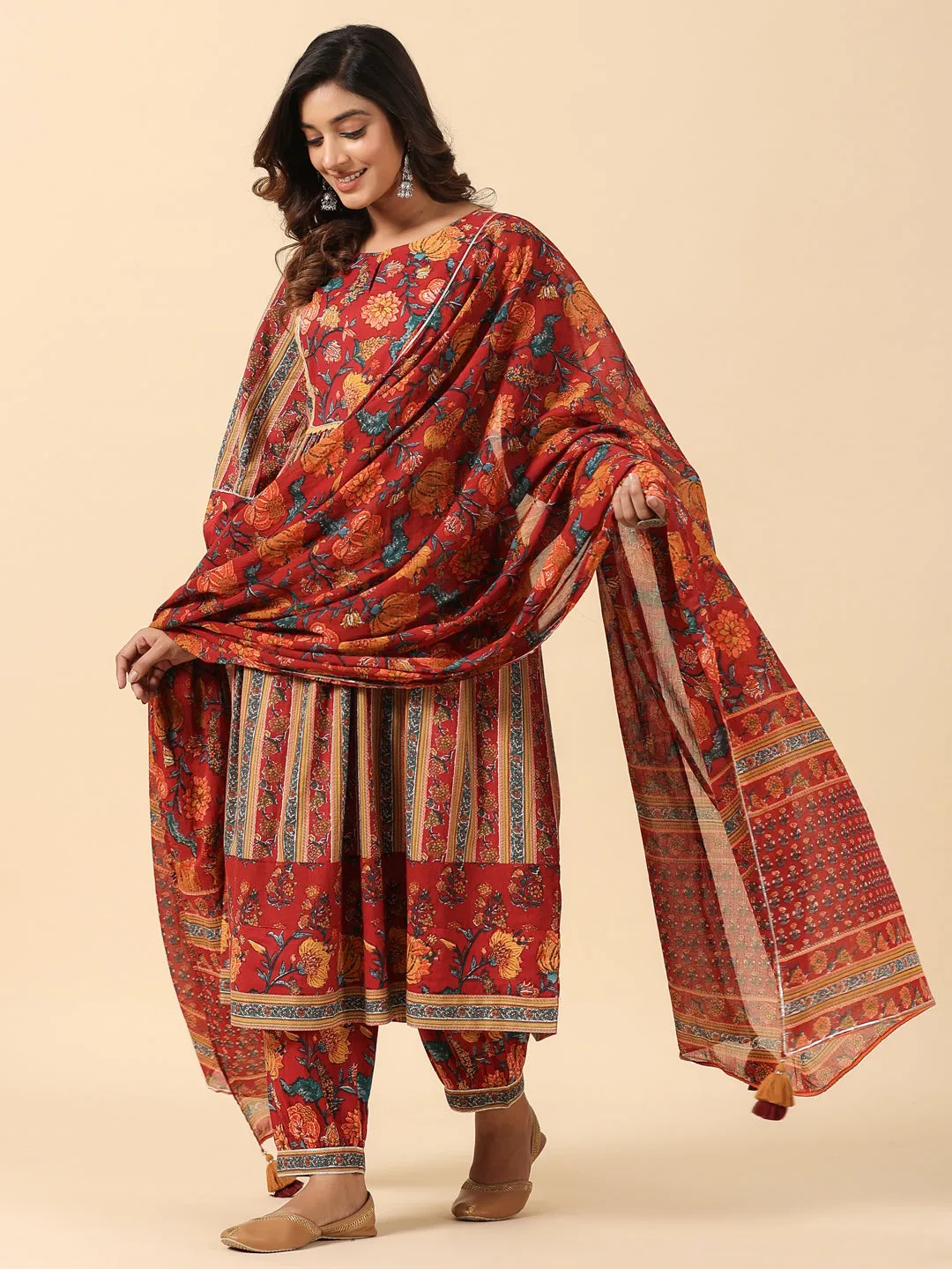 Red Pure Cotton Floral Print Lace Work A-Line Kurta Salwar Dupatta Set