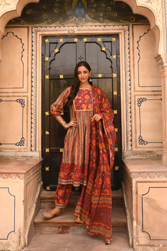 Red Pure Cotton Floral Print Lace Work A-Line Kurta Salwar Dupatta Set