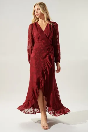 Red Zola Floral Burnout Gemini Hi Low Wrap Dress