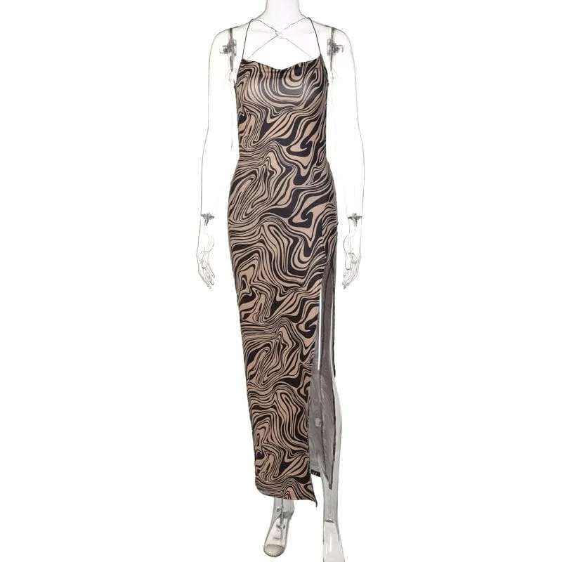 Ripple contrast print cross back slit cowl neck backless midi dress