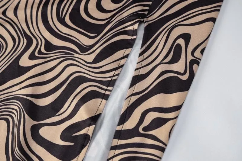 Ripple contrast print cross back slit cowl neck backless midi dress