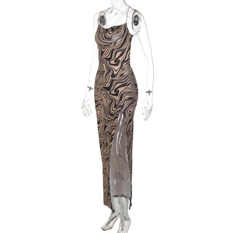 Ripple contrast print cross back slit cowl neck backless midi dress