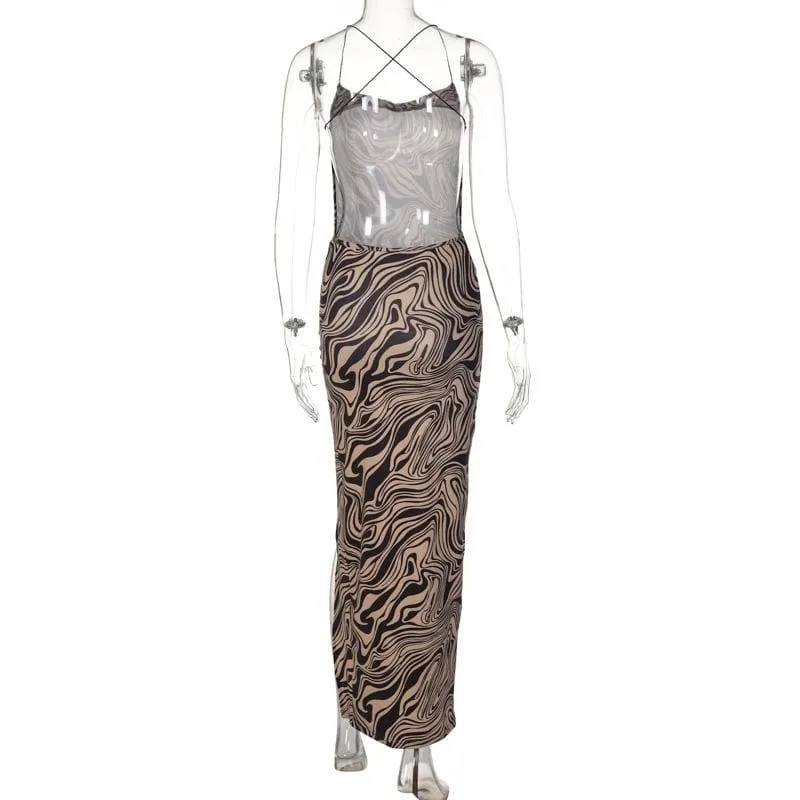 Ripple contrast print cross back slit cowl neck backless midi dress