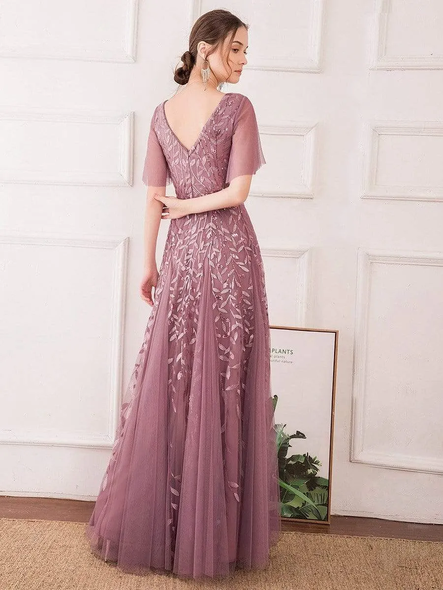 Romantic Shimmery V Neck Ruffle Sleeves Maxi Long Evening Gowns
