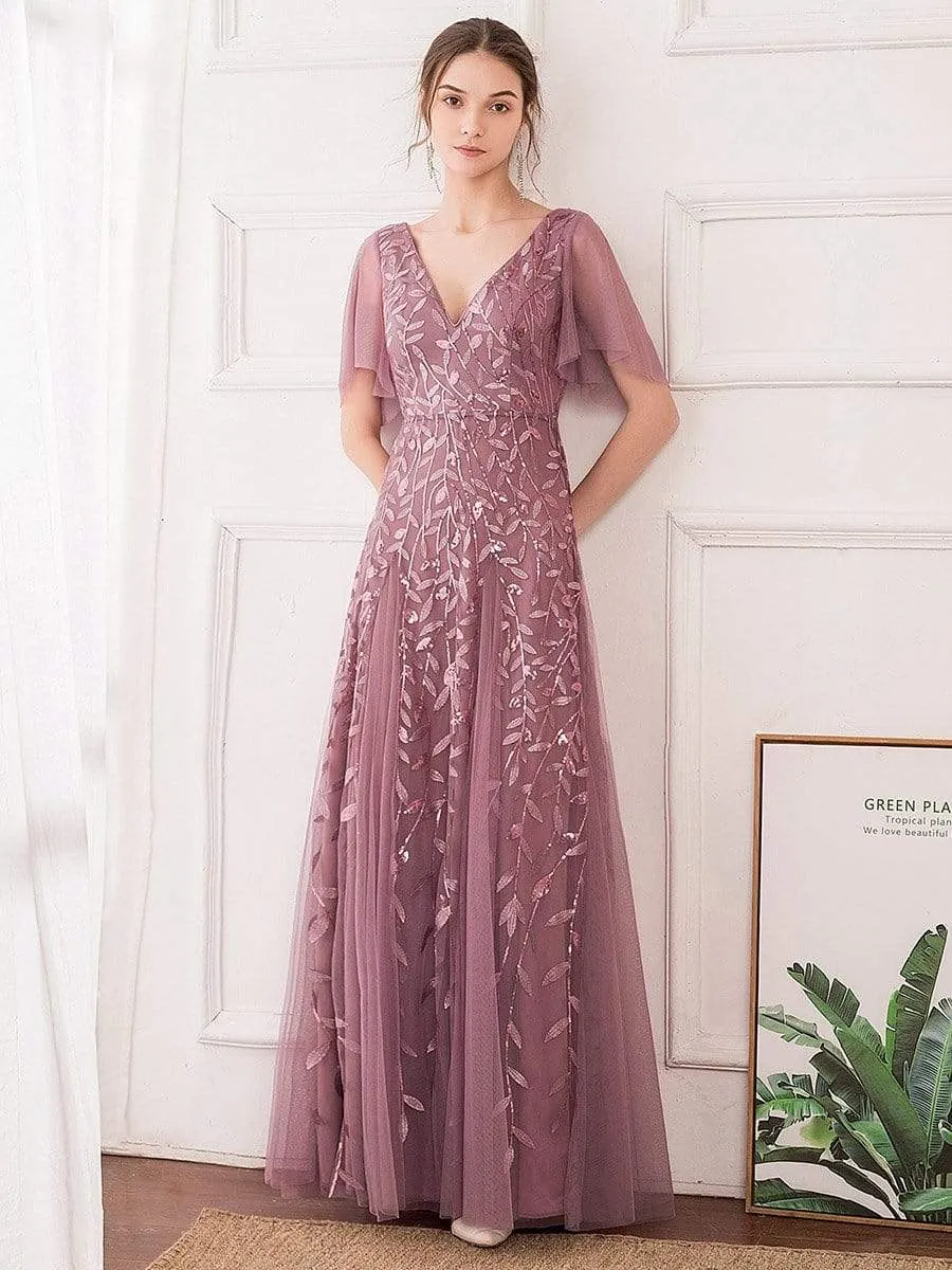 Romantic Shimmery V Neck Ruffle Sleeves Maxi Long Evening Gowns